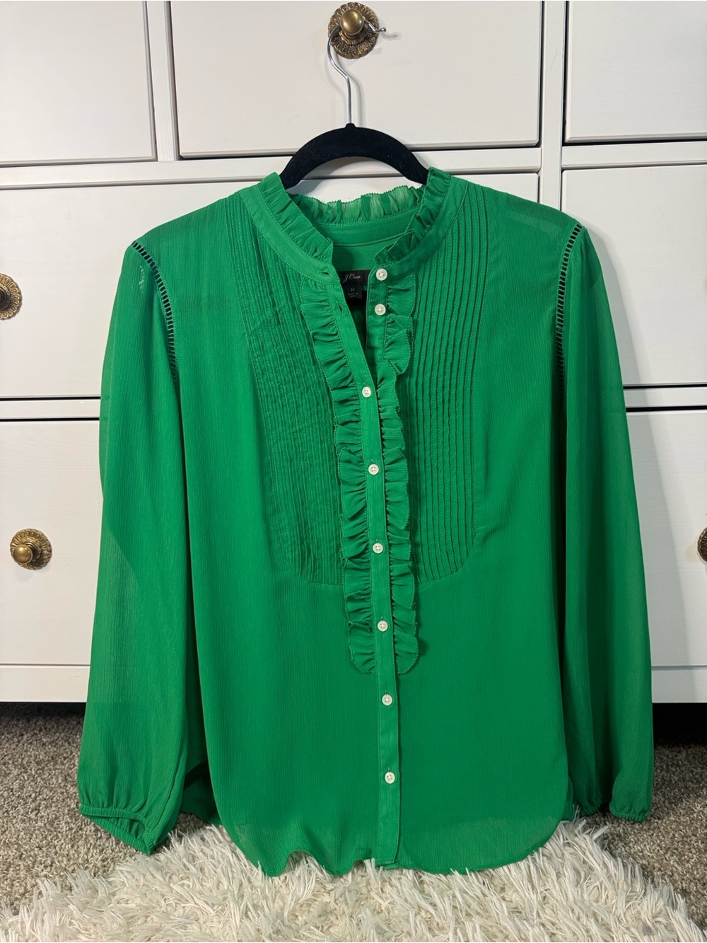 💚 J. Crew — Emerald Green Ruffle Pintuck Blouse